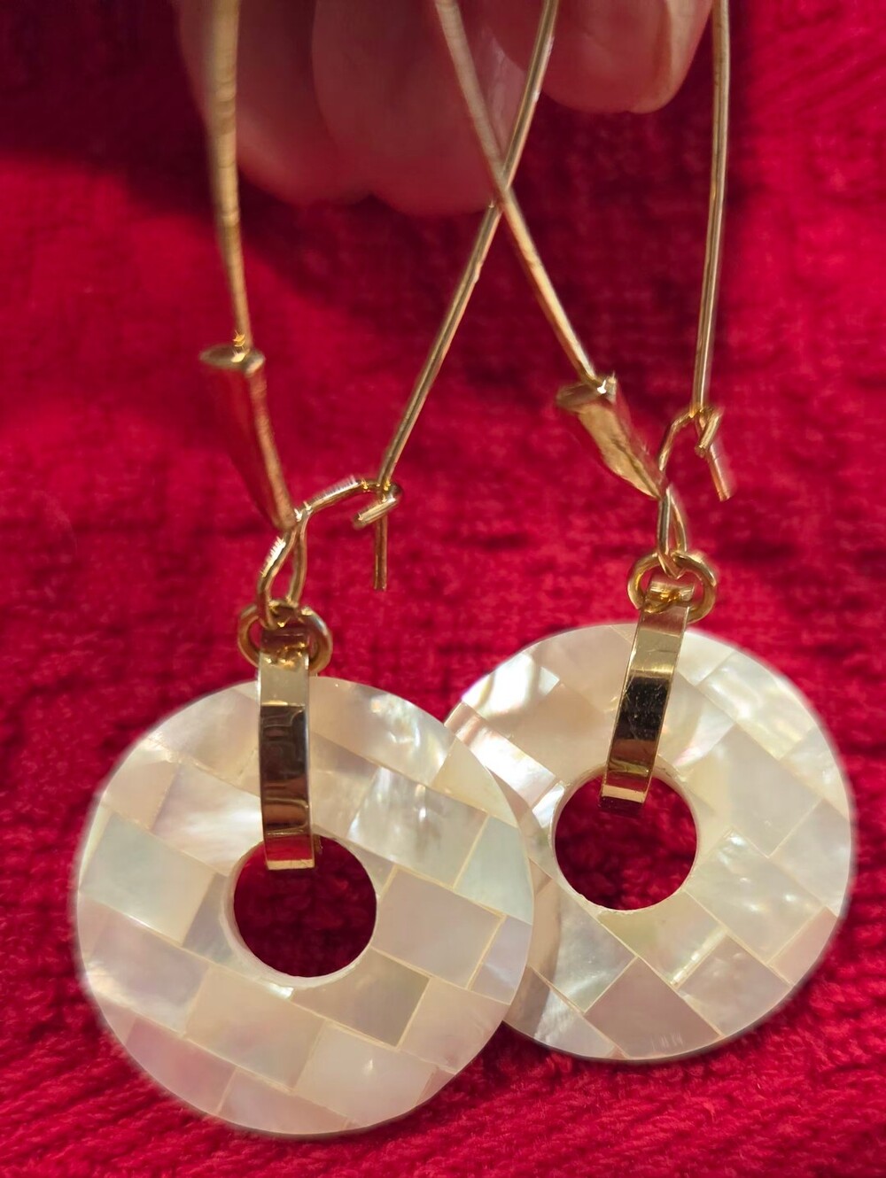 Pearlescent Mother-of-Pearl Hoop Drop Earrings - Gold Accent